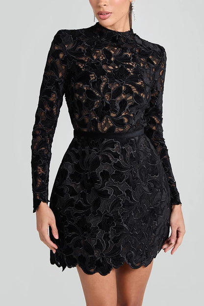 Lydia Embroidered Lace Long Sleeve Belt Tulip Shaped Mini Dress