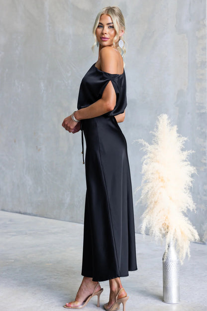 Color One-shoulder Sleeveless Belted Maxi Dress