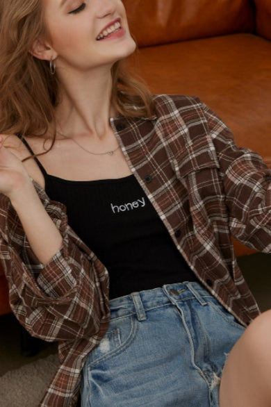 Plaid Stand Collar Button Shirt Blouse