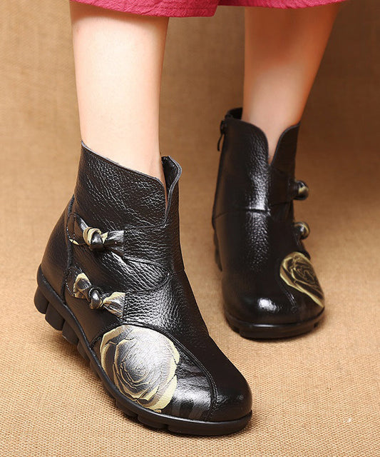 Splicing Flats Ankle Boots Black Cowhide Leather