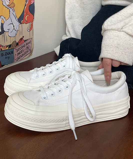 Comfy White Lace Up Splicing Canvas Flat Shoes