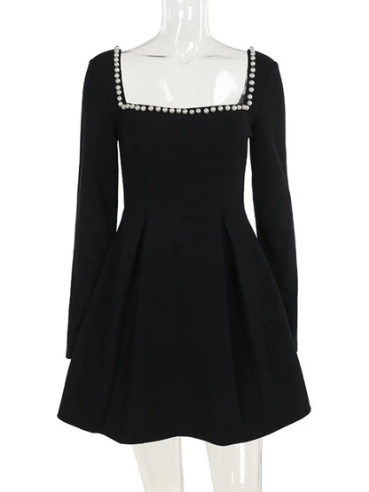 Pearl Square Collar Long Sleeve Mini Dress for Robe Backless A-line Dress Autumn Fall Dresses