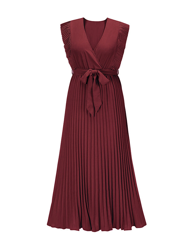 Loose Sleeveless Pleated Color Split-joint Tied Waist V-neck Maxi Dresses