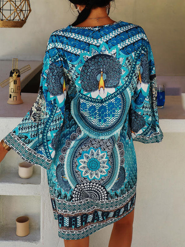 A-line Flared Sleeves Printed Split-joint V-neck Mini Dresses