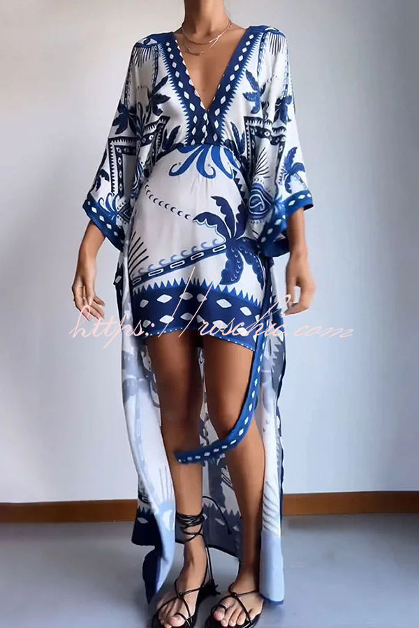 Palm Tree Print Fake Two Piece Lace Up Maxi Dress