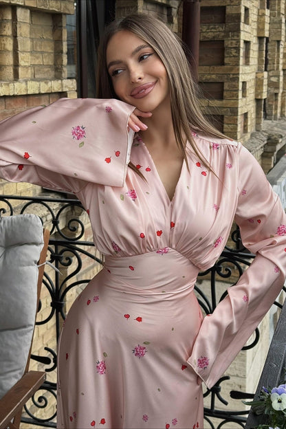 Satin V Neck Flared Hem Maxi Dress