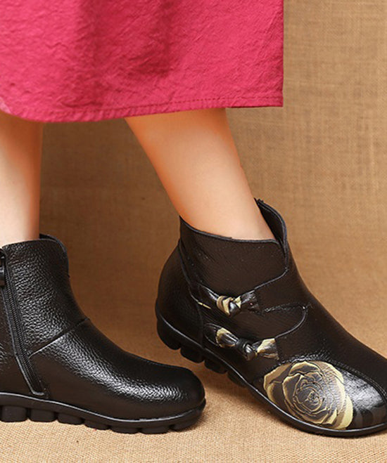 Splicing Flats Ankle Boots Black Cowhide Leather