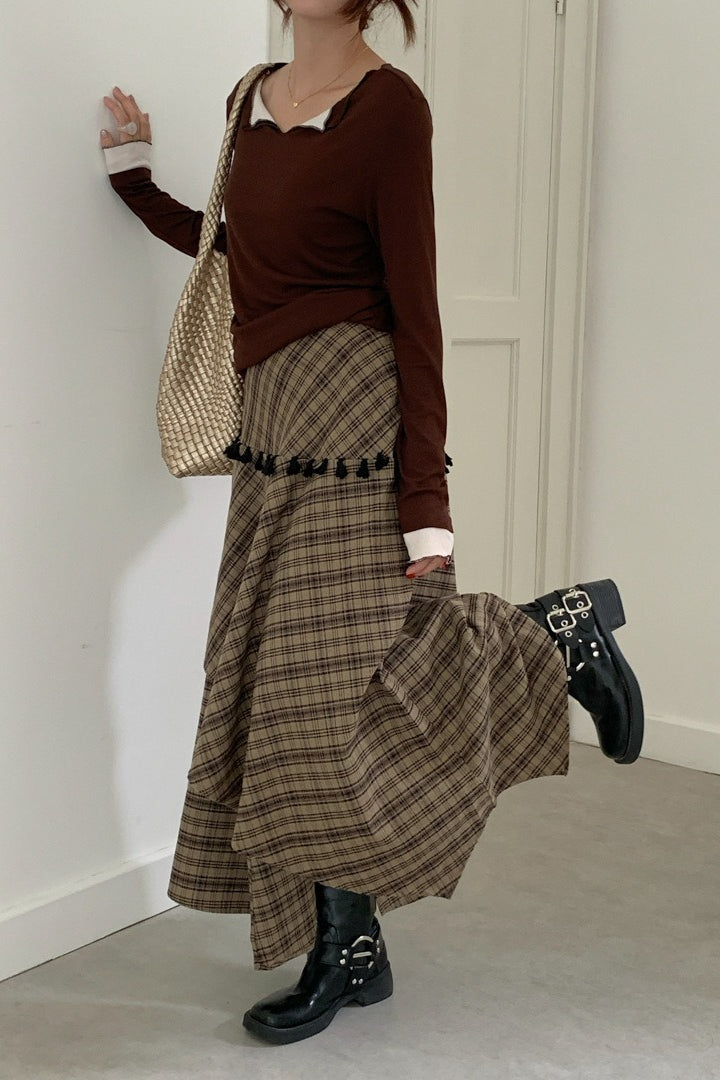 Asymmetrical Plaid Maxi Skirt