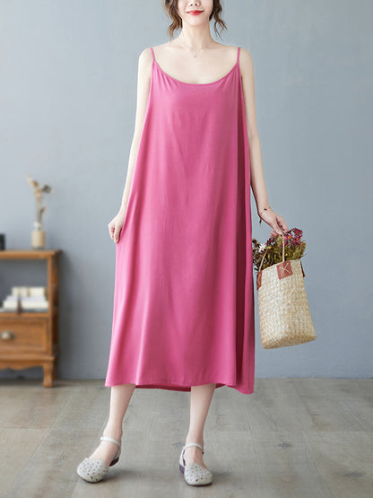 Loose Sleeveless Color Spaghetti-neck Midi Dresses