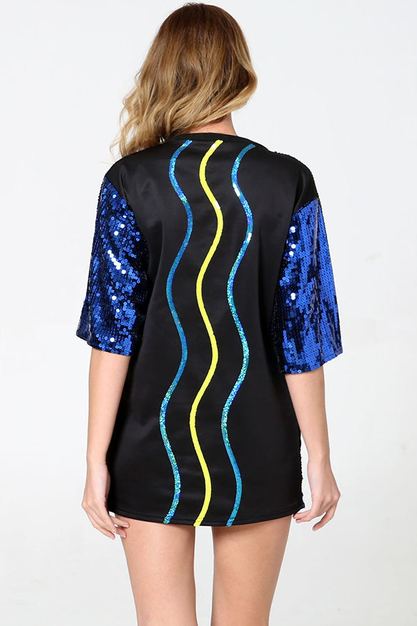 Love Eyes Letters Sequined Round Neck Short Sleeve Mid-length Loose T-shirt