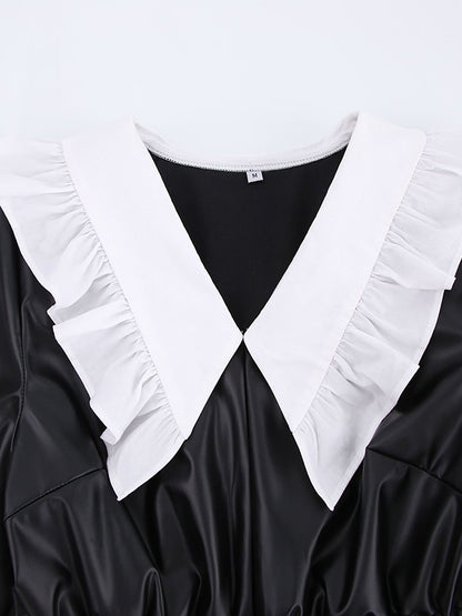 Loose Puff Sleeves Elasticity Pleated Split-joint Peter Pan Collar Mini Dresses