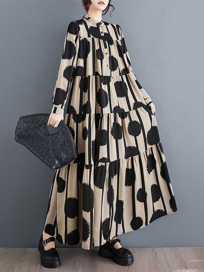 A-line Long Sleeves Buttoned Pleated Polka-dot Split-joint Stand Collar Maxi Dresses Shirt Dress
