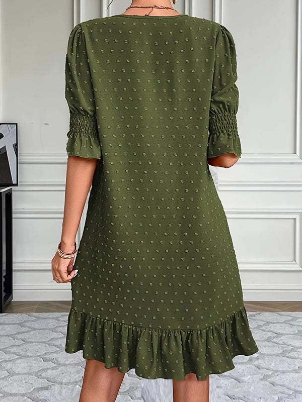 A-line Flared Sleeves Elasticity Jacquard Pleated Color Split-joint V-neck Mini Dresses