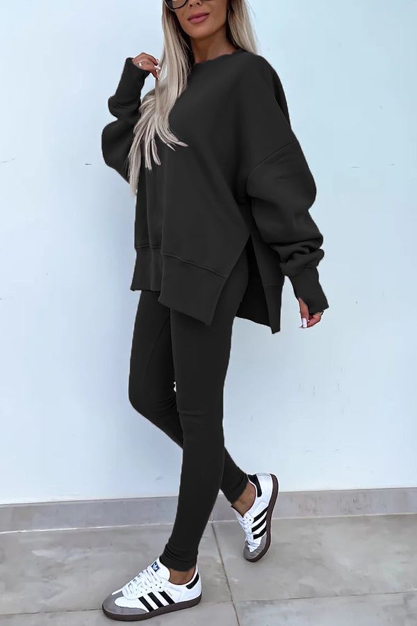 Color Loose Long Sleeve Slitsweatshirt and Elastic Waist Tight Pants Set