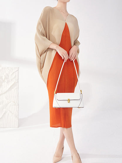 Batwing Sleeves Loose Contrast Color Pleated Round-neck Midi Dresses