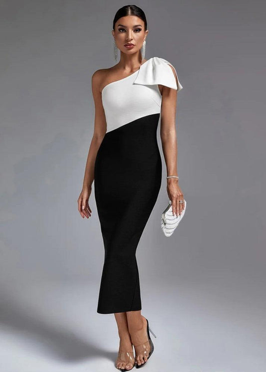 One-shoulder Bow Detail Colorblock Midi Dress