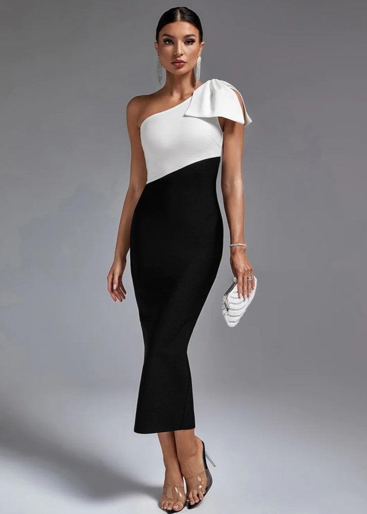 One-shoulder Bow Detail Colorblock Midi Dress