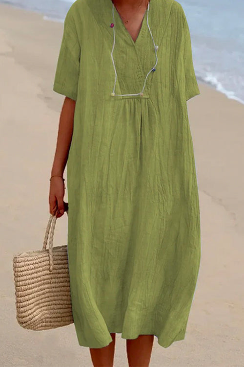 V Neck Short Sleeve Baggy Cotton Linen Midi Dress