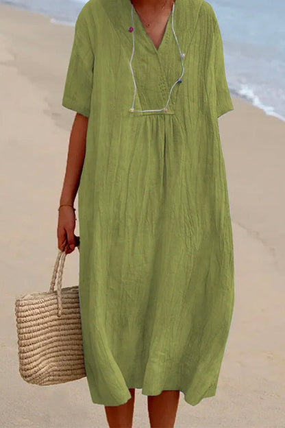 V Neck Short Sleeve Baggy Cotton Linen Midi Dress