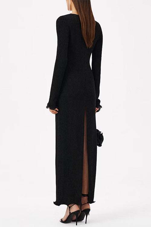 Long Sleeves Back Slit Shirred Maxi Dress