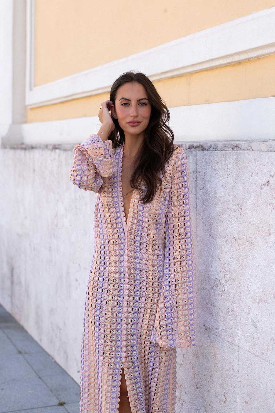 V Neck Bell Sleeve Wavy Striped Crochet Beach Vacation Maxi Dress