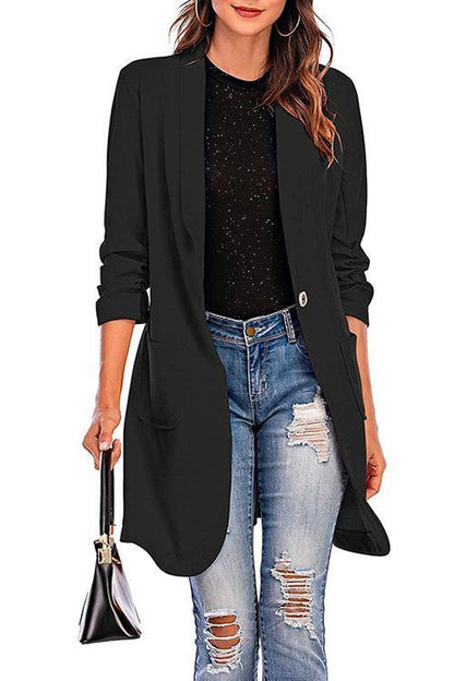 Moxidress 3/4 Sleeve Ruched One Button Midi Cardigan