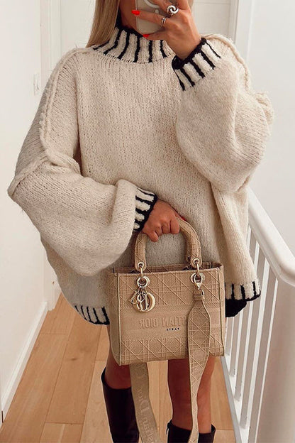 Turtleneck Drop Shoulder Color Block Pullover Sweater