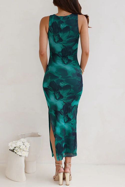 Moxidress Sleeveless Side Slit Printed Bodycon Midi Dress