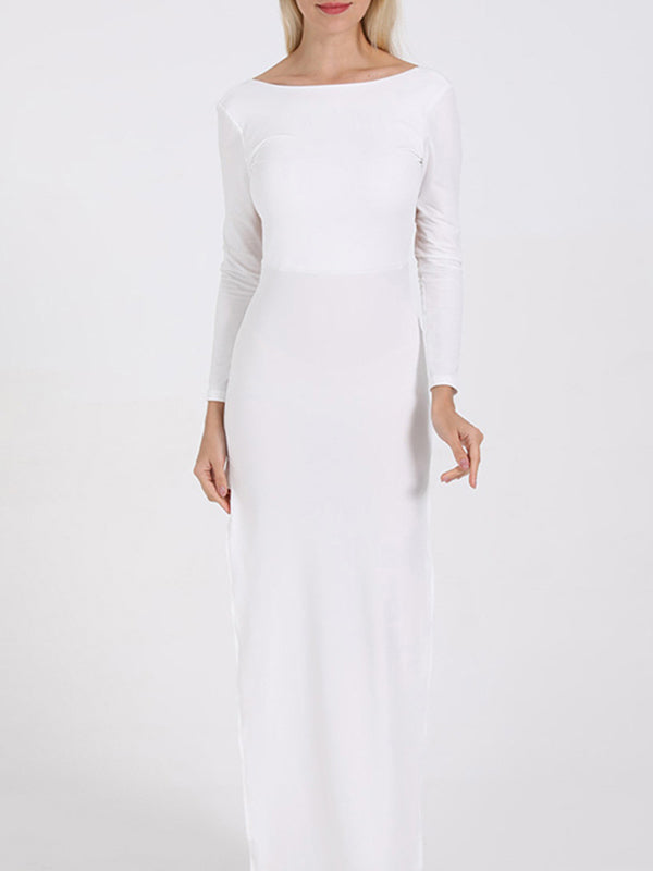 Bodycon Long Sleeves Backless Color Split-joint Split-side Round-neck Maxi Dresses