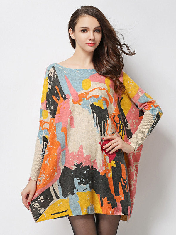 Wool Blend Contrast Color Printed Sweater