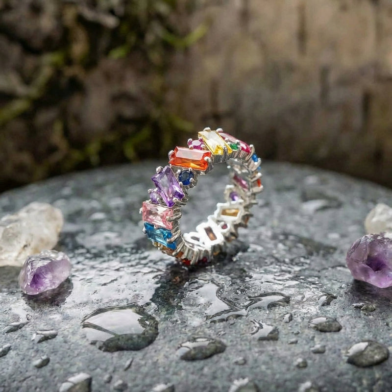 An Elegant Rainbow Baguette Eternity Band Ring