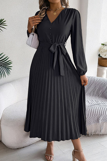 Color V-neck Buttoned Lace-up Pleated Maxi Dress