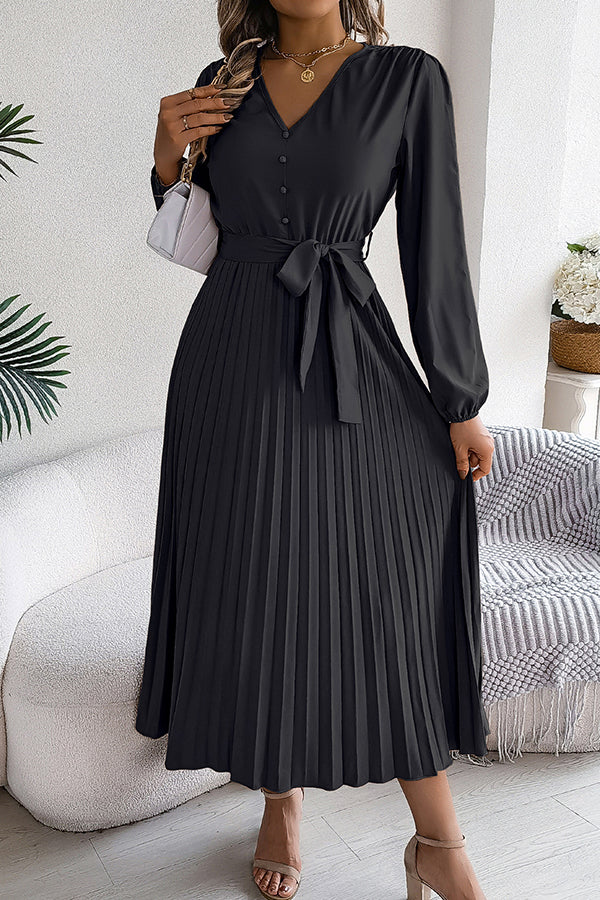 Color V-neck Buttoned Lace-up Pleated Maxi Dress