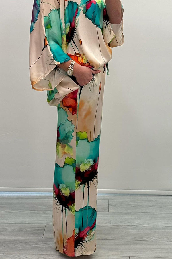Satin Botanical Print Crew Neck Top and Elastic Waist Loose Pocket Pants Set