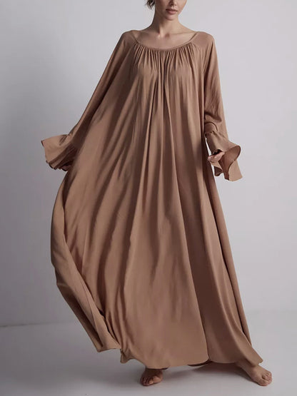 A-line Flared Sleeves Pleated Color Split-joint Round-neck Maxi Dresses