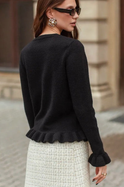Crew Neck Layered Trim Long Sleeve Knit Cardigan