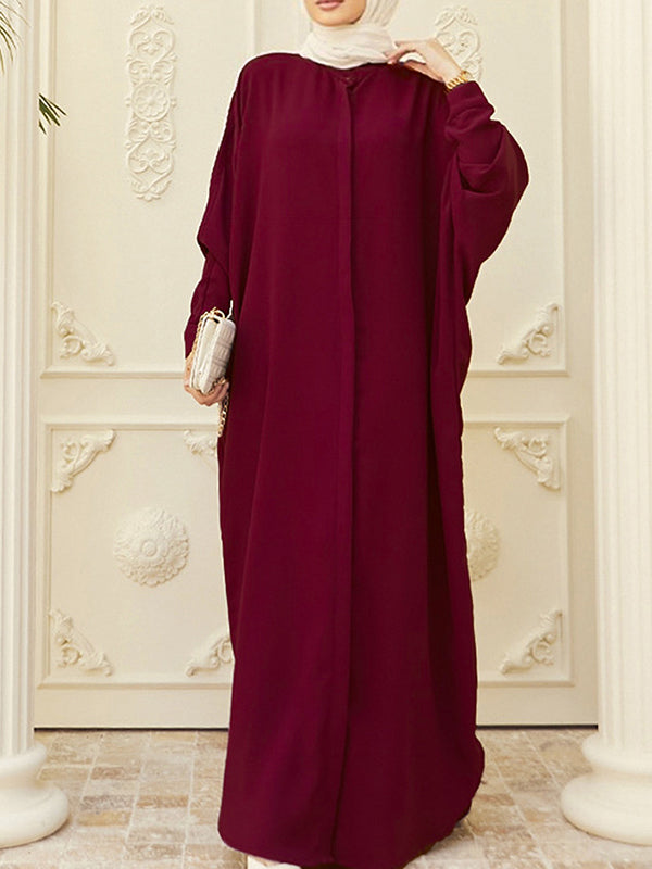 Batwing Sleeves Loose Buttoned Muslim Color Split-side Round-neck Maxi Dresses