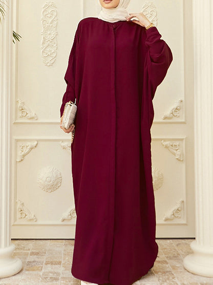 Batwing Sleeves Loose Buttoned Muslim Color Split-side Round-neck Maxi Dresses