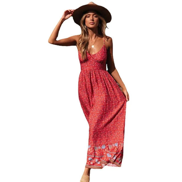 Spaghetti Strap Dresses V-neck Backless Beach Vacation Long Dress Female Vestidos Summer New