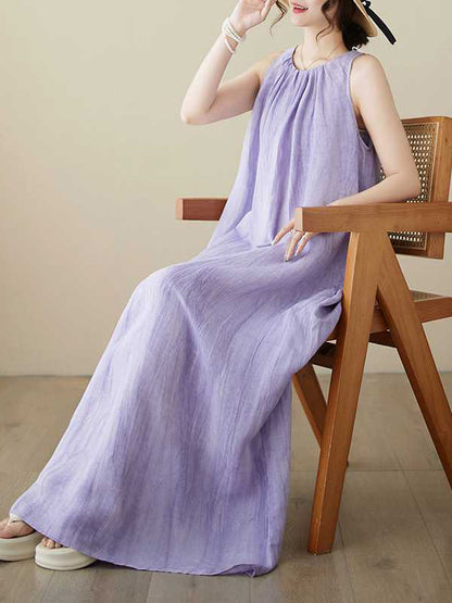 A-line Loose Pleated Color Round-neck Midi Dresses