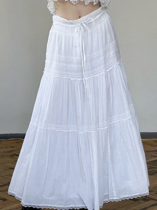 White Lace Splicing Straps Maxi Skirts