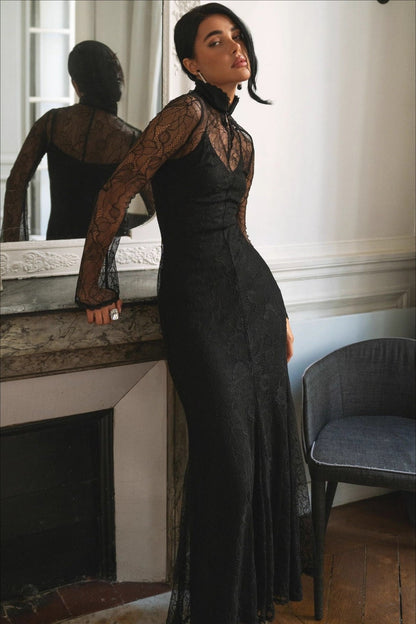 Lace Patchwork Fitted Cutout Maxi Dress