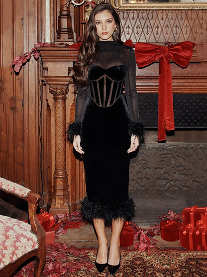 Feather Midi Dress for Black Sheer Long Sleeve Backless Bodycon Club Party Long Dress