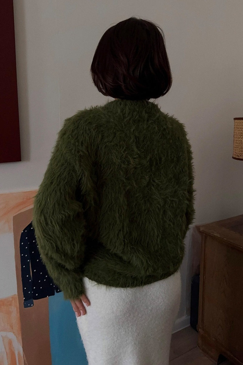 Color Button-up Faux Fur Knit Sweater