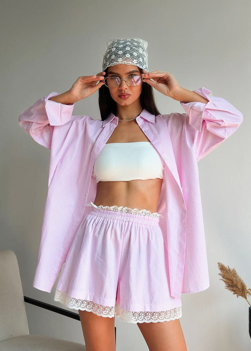 Pink Pinstripe Oversized Shirt & Lace-trim Shorts Set – 2-piece ’s Outfit