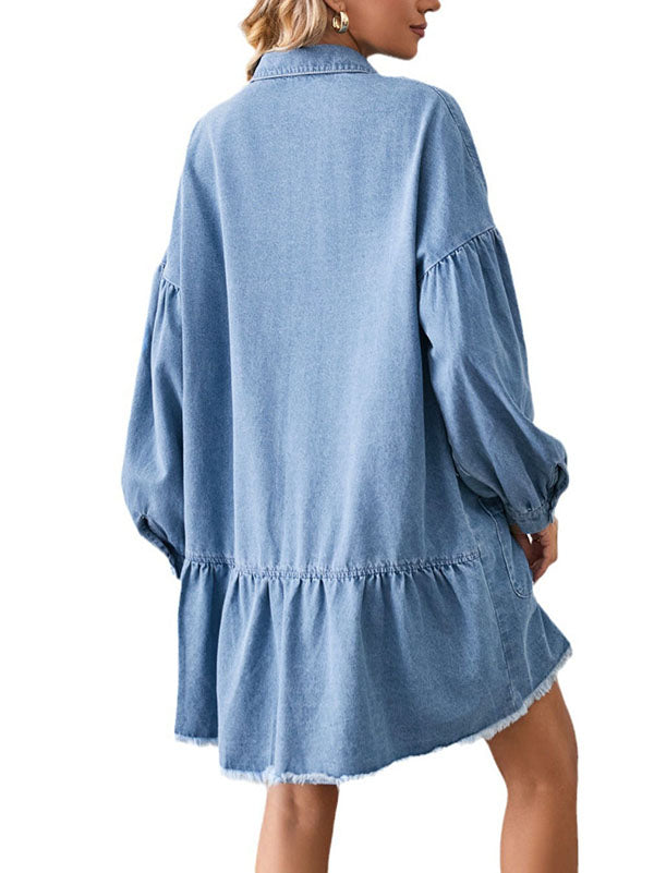 Long Sleeves Loose Buttoned Fringed Pleated Pockets Split-joint Lapel Mini Dresses