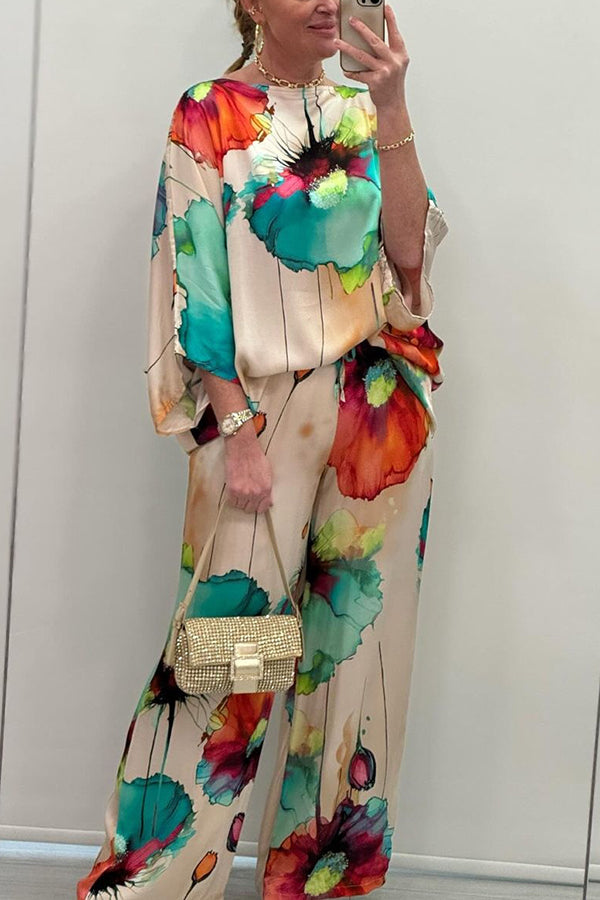 Satin Botanical Print Crew Neck Top and Elastic Waist Loose Pocket Pants Set
