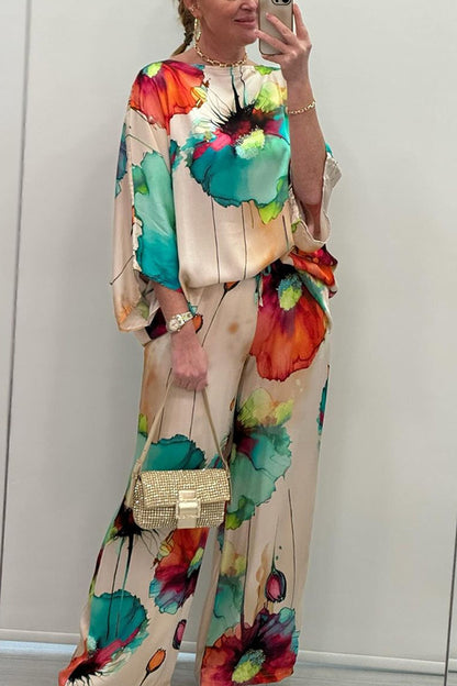 Satin Botanical Print Crew Neck Top and Elastic Waist Loose Pocket Pants Set
