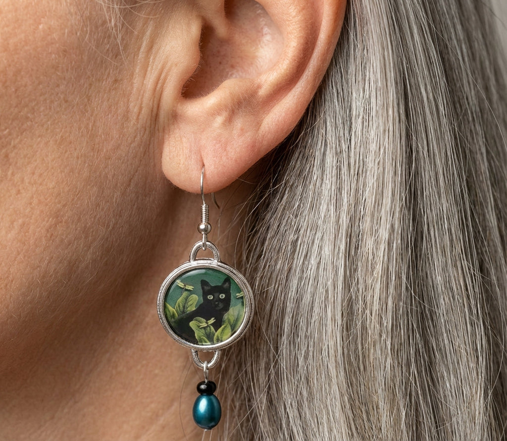 Vintage Round Black Cat Earrings