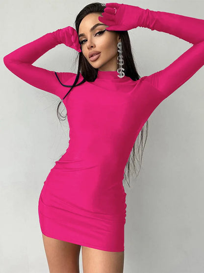 Long Sleeve With Gloves Mini Dress Bodycon Party Half Turtleneck Outfits Y2k Clothes
